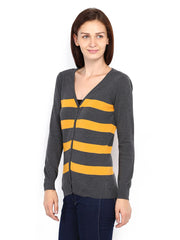 Allen Solly Woman Grey &amp; Yellow Striped Cardigan