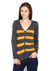 Allen Solly Woman Grey &amp; Yellow Striped Cardigan