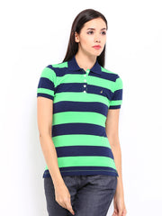 Nautica Women Green &amp; Navy Striped Polo T-shirt
