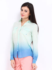 Nautica Women Green &amp; Blue Printed Silk Blend Shirt