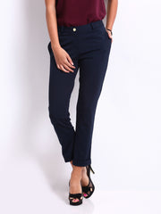 Nautica Women Navy Cuffed Ankle Length Slim Fit Trousers