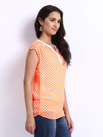 Noi Women Neon Orange &amp; White Checked Cerice Top
