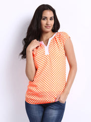 Noi Women Neon Orange &amp; White Checked Cerice Top