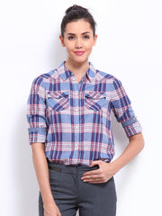 ONLY Women Blue &amp; Pink Checked Shirt
