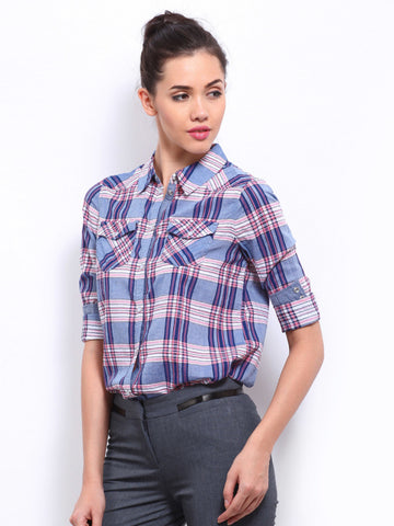 ONLY Women Blue &amp; Pink Checked Shirt