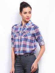 ONLY Women Blue &amp; Pink Checked Shirt