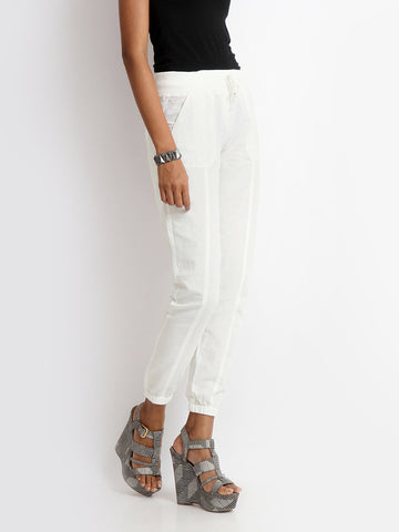 ONLY Women White Linen Blend Trousers