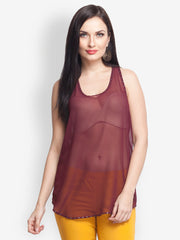 Oxolloxo Women Burgundy Embellished Sheer Top