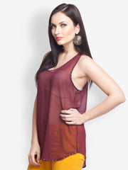 Oxolloxo Women Burgundy Embellished Sheer Top