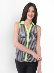 PURYS Women Black &amp; White Striped Top