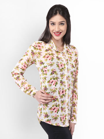 PURYS Women Cream Coloured Floral Print Shirt