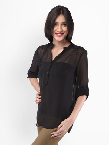 PURYS Women Black Sheer Top