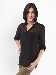PURYS Women Black Sheer Top