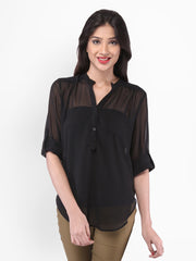 PURYS Women Black Sheer Top