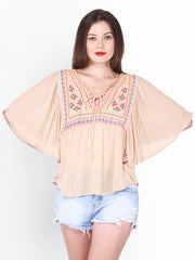 PURYS Women Peach-Coloured Embroidered Top