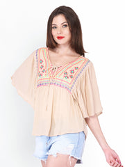 PURYS Women Peach-Coloured Embroidered Top
