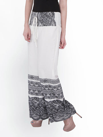 PURYS Women White Lace Palazzo Trousers