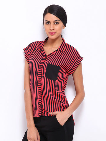 Peacot Women Red &amp; Black Striped Shirt