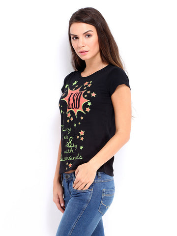 People Women Black Printed T-shirt