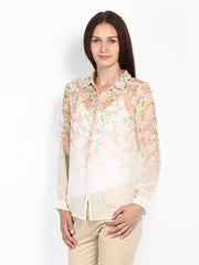 People Women Cream Coloured Printed Sheer Shirt