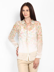 People Women Cream Coloured Printed Sheer Shirt