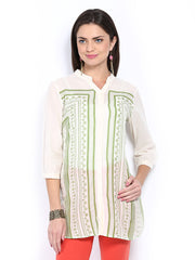 People Women Off-White &amp; Green Printed Kurti