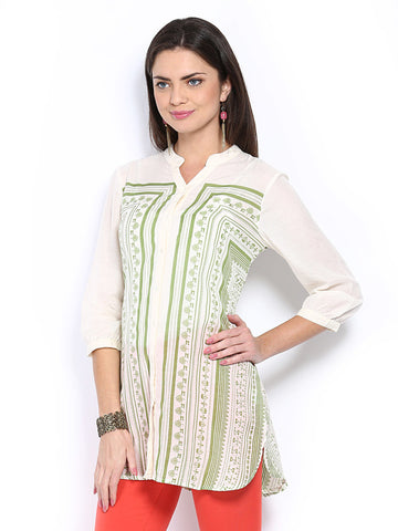 People Women Off-White &amp; Green Printed Kurti