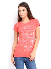 People Women Coral Red Printed T-shirt