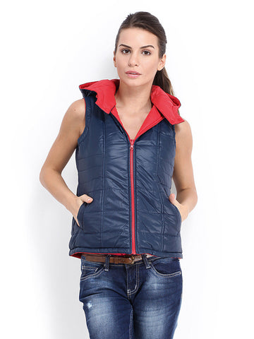 People Women Red &amp; Navy Reversible Padded Jacket