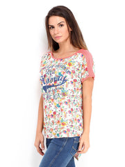 People Women White &amp; Pink Printed T-shirt