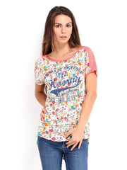 People Women White &amp; Pink Printed T-shirt
