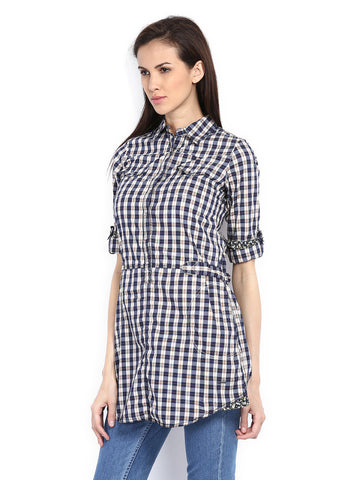 Pepe Jeans Women Navy &amp; Off-White Checked Tunic