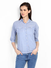 Pepe Jeans Women Blue &amp; White Striped Casual Shirt