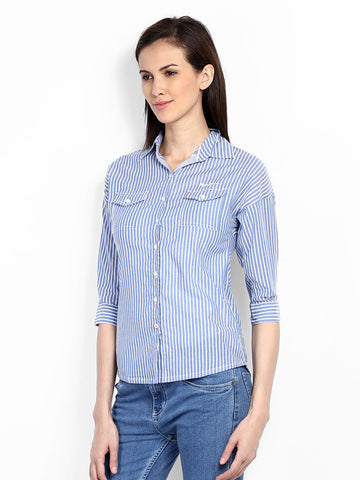 Pepe Jeans Women Blue &amp; White Striped Casual Shirt