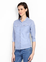 Pepe Jeans Women Blue &amp; White Striped Casual Shirt