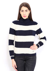 Pepe Jeans Women Cream-Coloured &amp; Navy Sweater