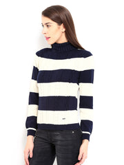 Pepe Jeans Women Cream-Coloured &amp; Navy Sweater