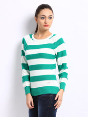 Pepe Jeans Women Green &amp; Off-White Striped Sweater