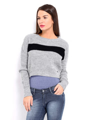 Pepe Jeans Women Grey Melange Wool Blend Cropped Sweater