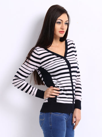 Pepe Jeans Women Off-White &amp; Navy Striped Cardigan