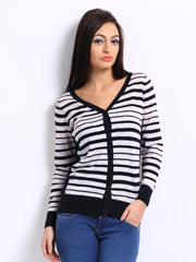 Pepe Jeans Women Off-White &amp; Navy Striped Cardigan