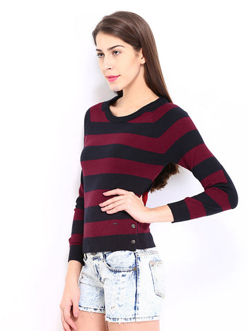 Pepe Jeans Women Red &amp; Black Striped Sweater