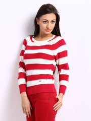 Pepe Jeans Women Red &amp; Off-White Striped Sweater