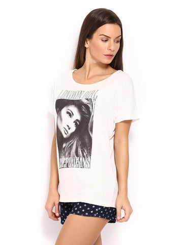 Pepe Jeans Women Off-White Printed T-shirt