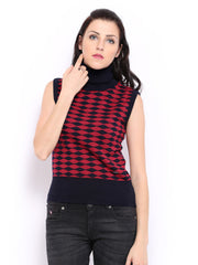Pepe Jeans Women Navy &amp; Red Sleeveless Sweater