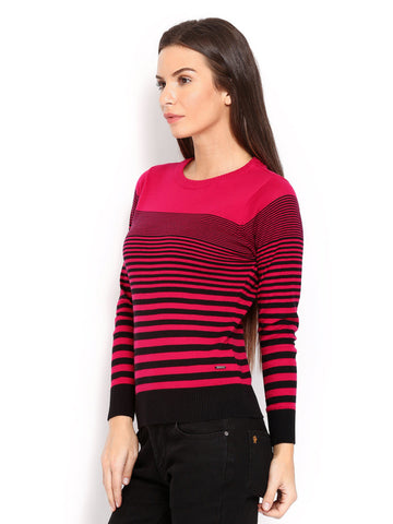 Pepe Jeans Women Pink &amp; Black Striped Sweater