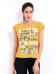 Pepe Jeans Women Yellow Linen Blend Printed T-shirt