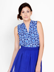 Pera Doce Women White &amp; Blue Printed Top