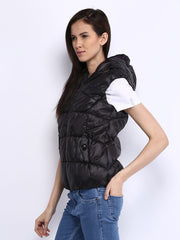 Puma Women Black Padded Hooded Sleeveless Jacket