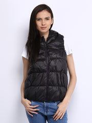 Puma Women Black Padded Hooded Sleeveless Jacket